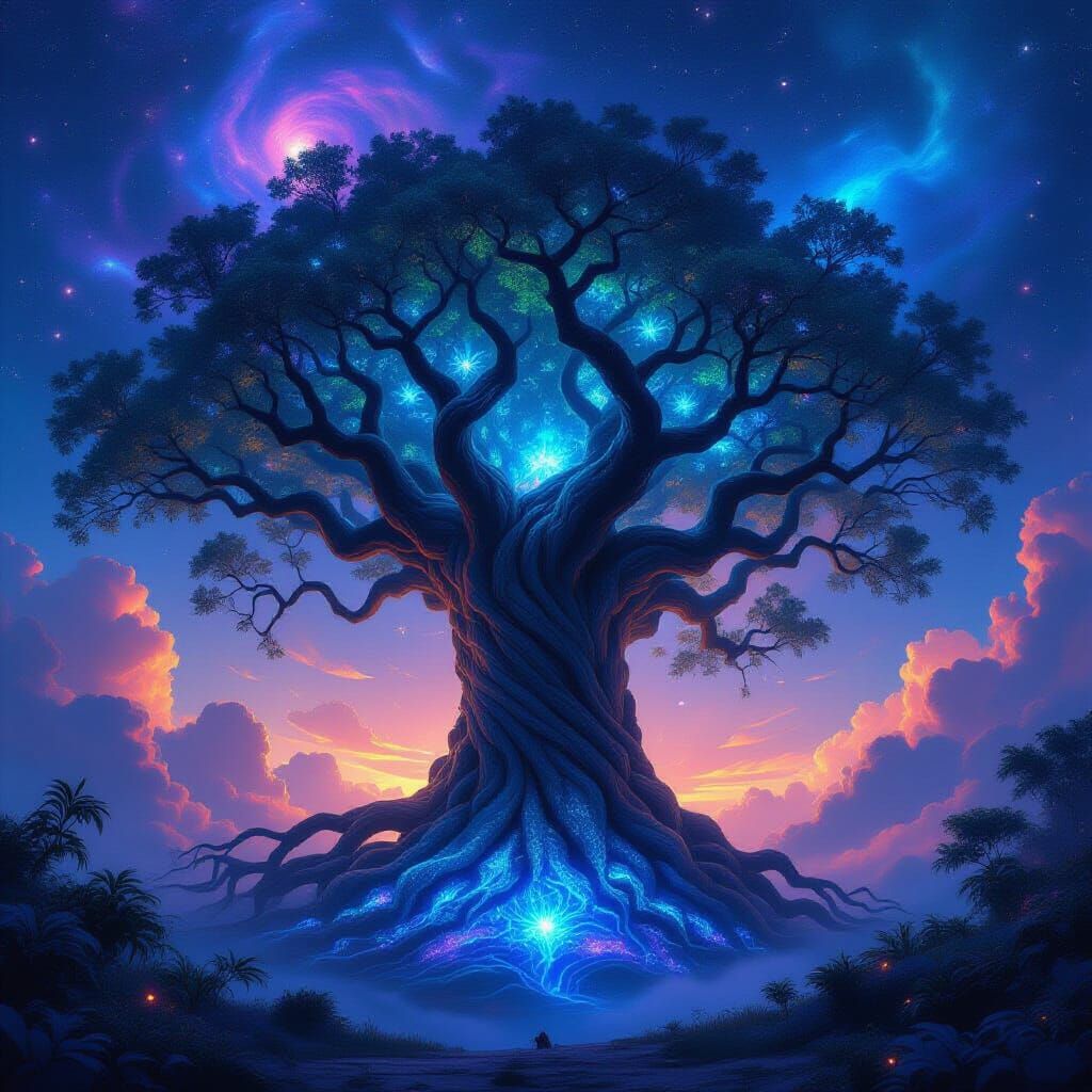 Ancient Tree Under Cosmic Sky in Epic Fantasy Style