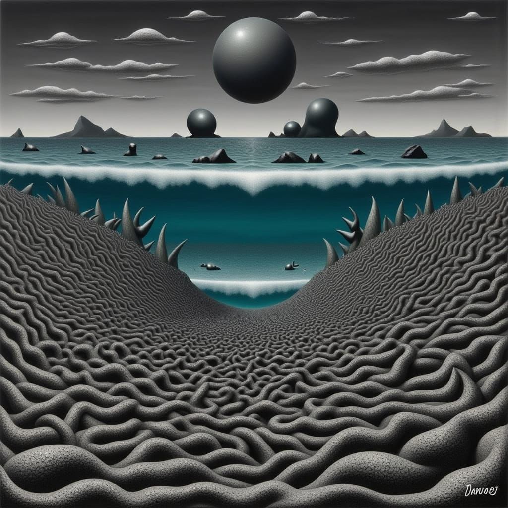 Melancholic Black Beach Scene Under Rising Sea Levels