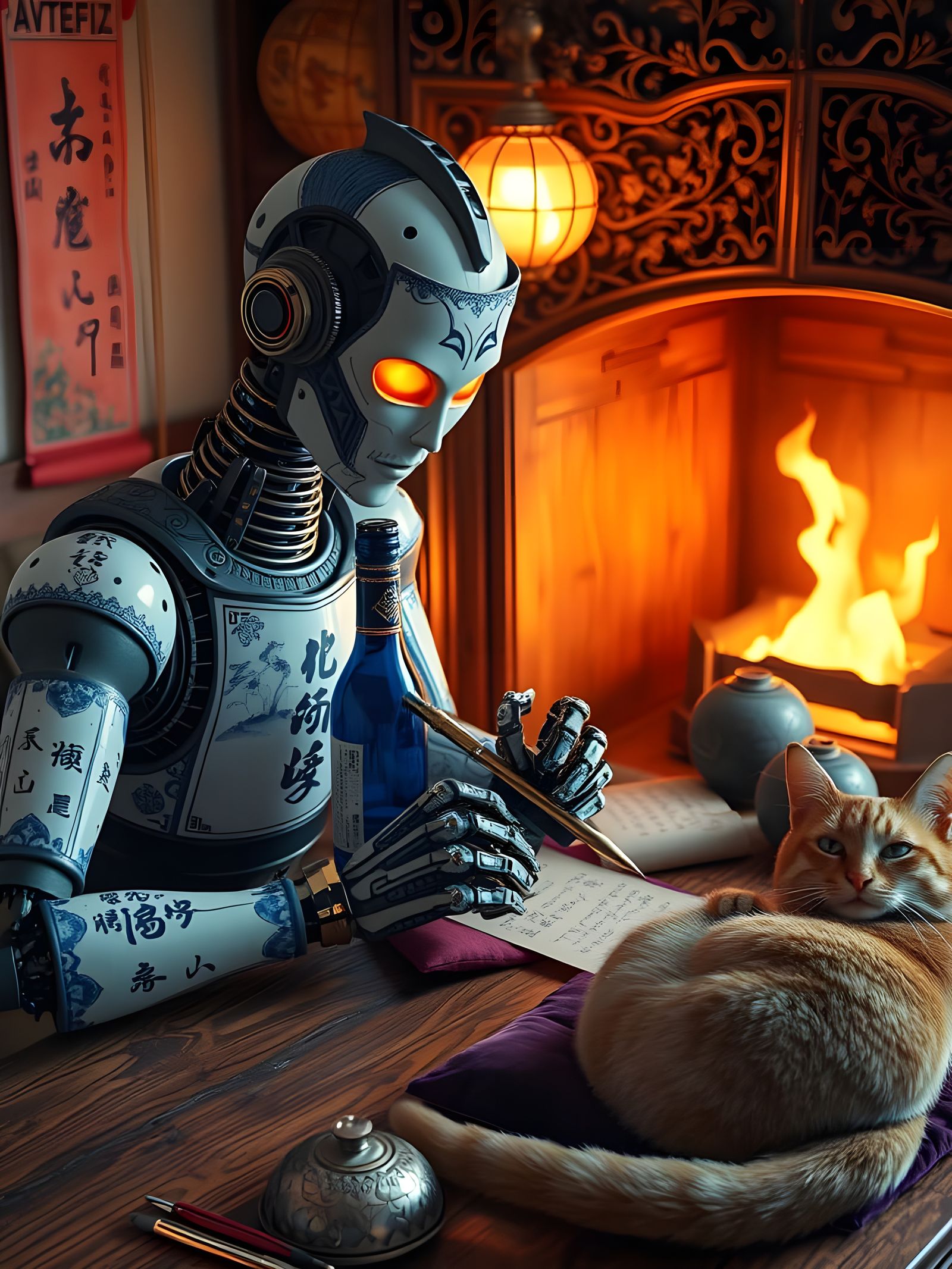 Steampunk Samurai Robot Poet in Japanese Ink Style