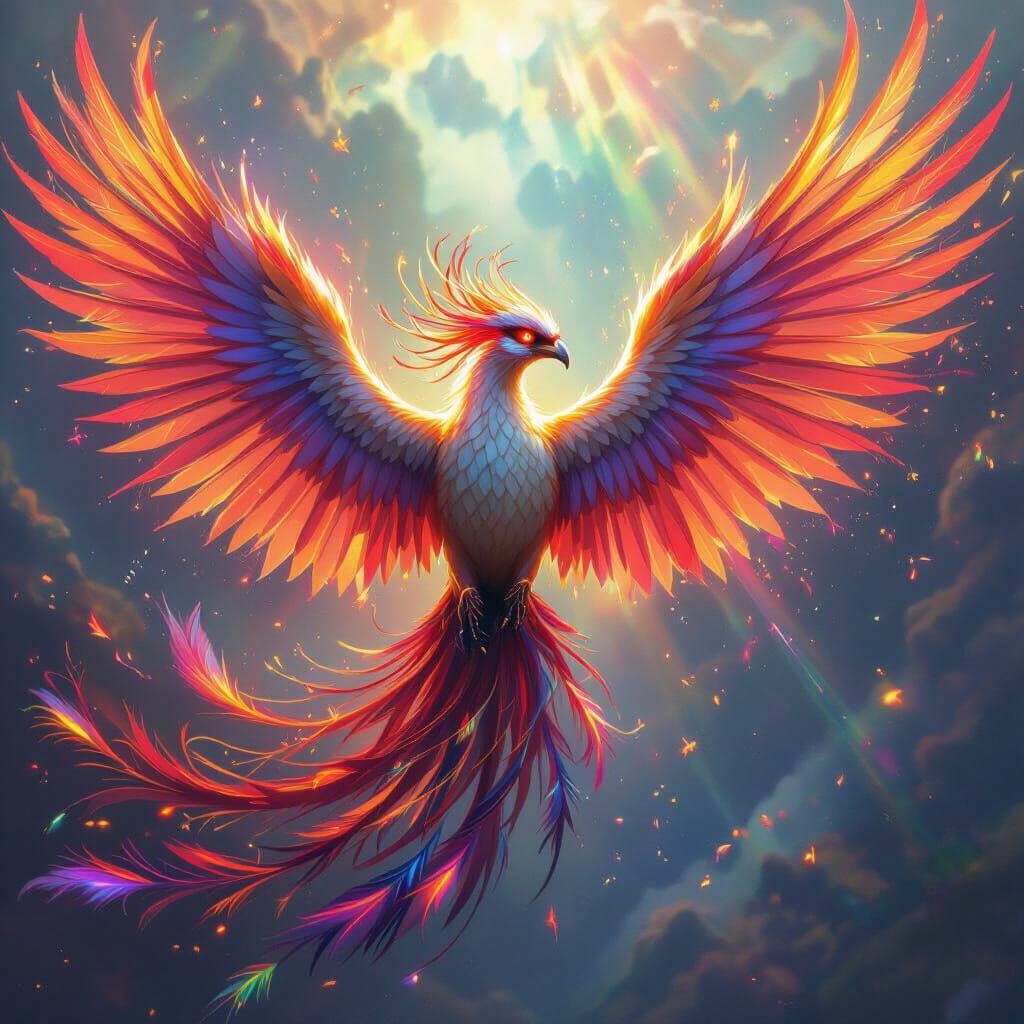 Divine Phoenix Unleashes Rainbow Light in Matte Painting Sty...