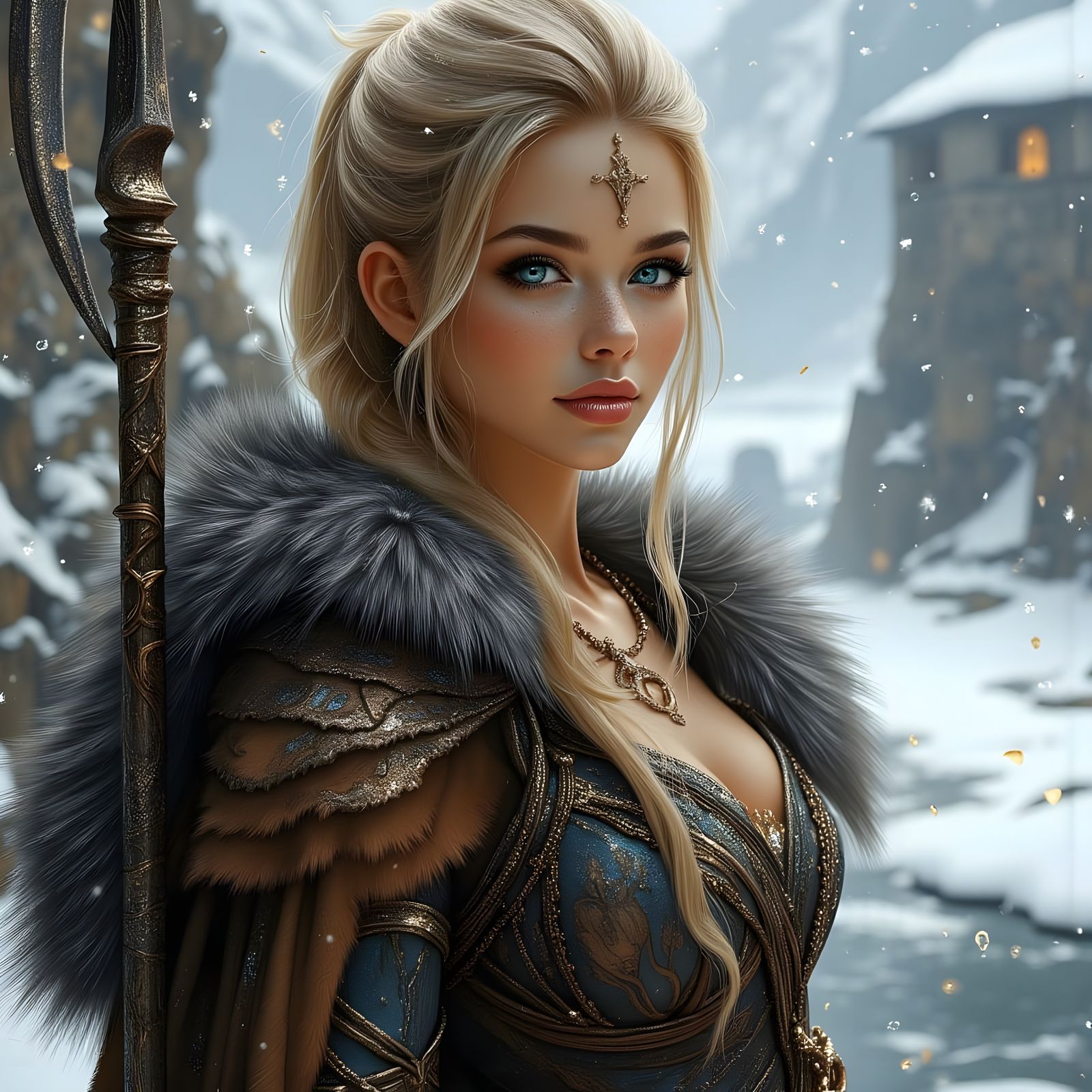 Norse Goddess by Snowy Castle Keep Holding Spear