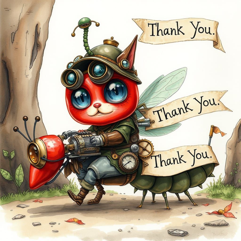 Steampunk Creatures Say Thank You: Watercolor Illustration