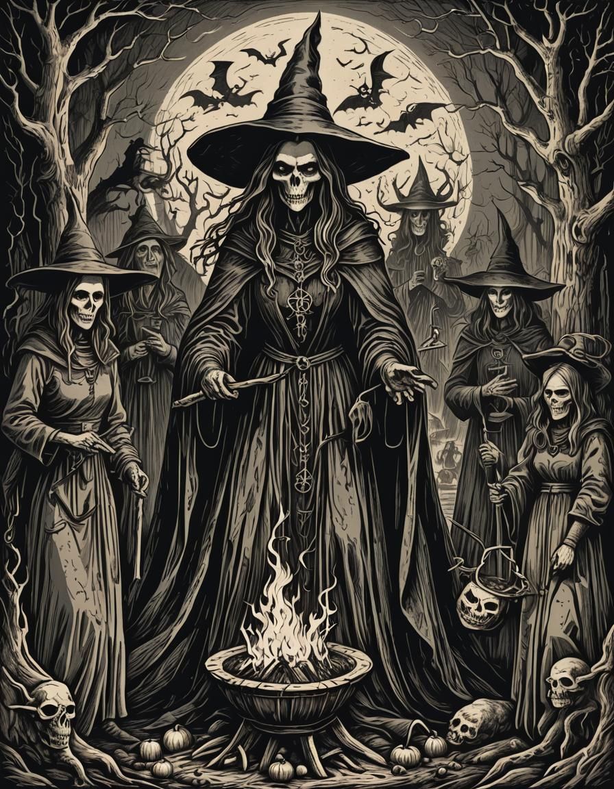 Witch Coven in Medieval Woodcut Style
