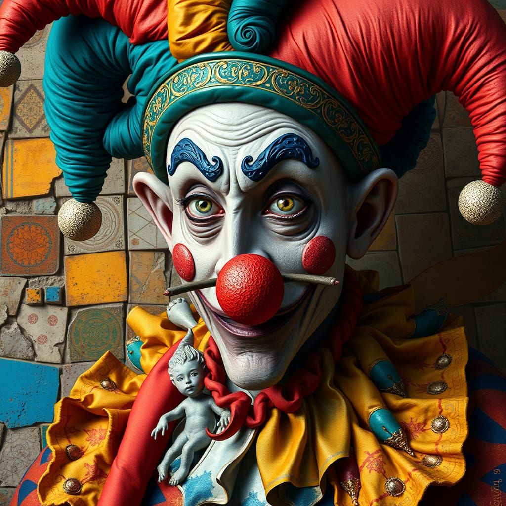 Whimsical Renaissance Jester in Vibrant Disintegrating Mosai...