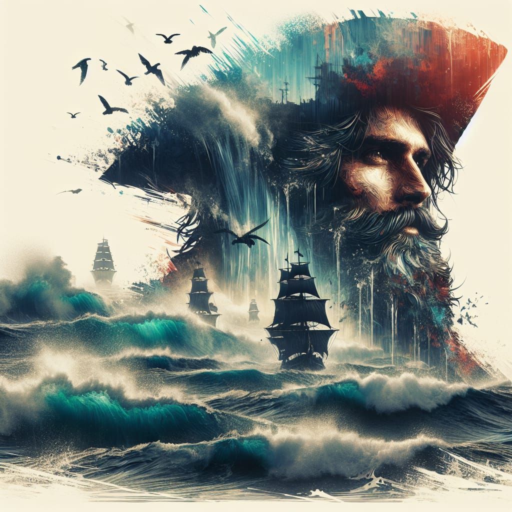 Pirate Captain Double Exposure Illustration in Vintage Style