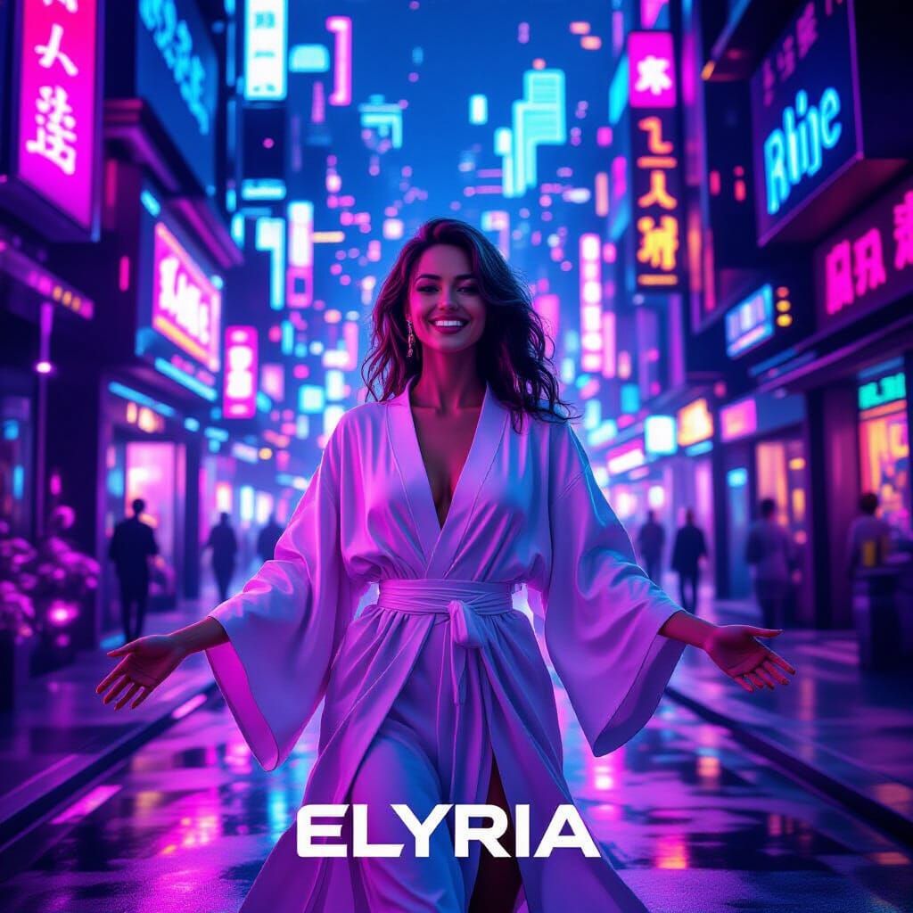 Radiant Woman in Neon Cityscape, Futuristic Digital Art