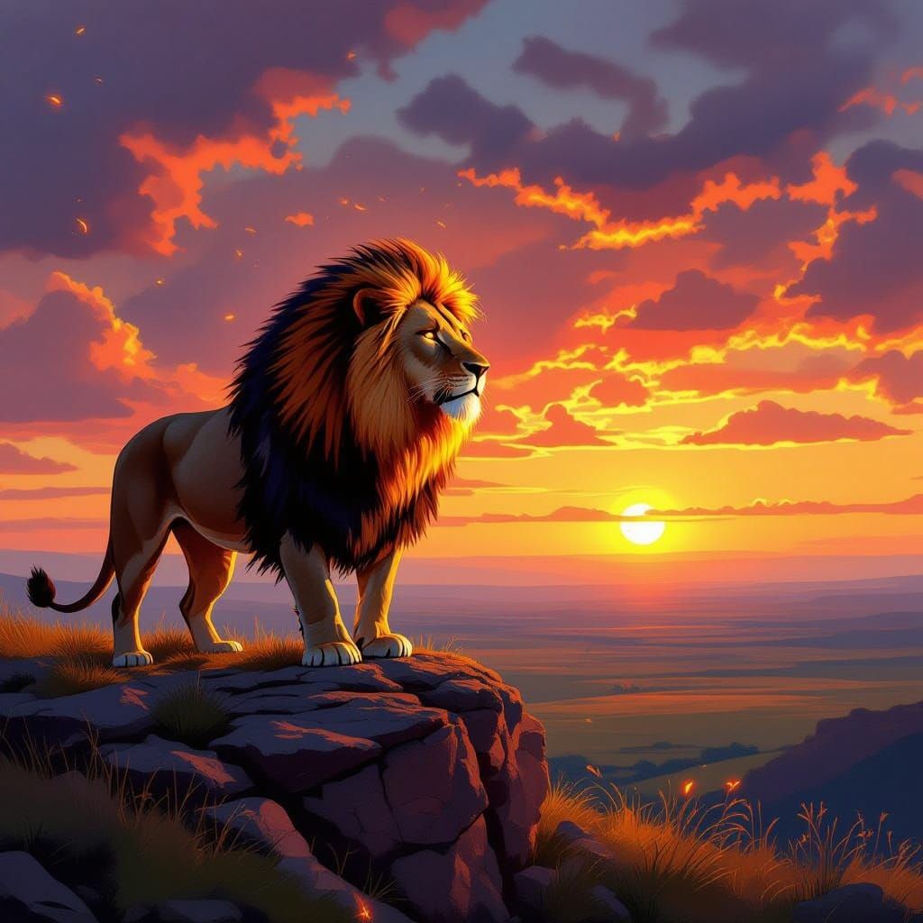 Lion with Fiery Mane Overlooking Sunset Landscape