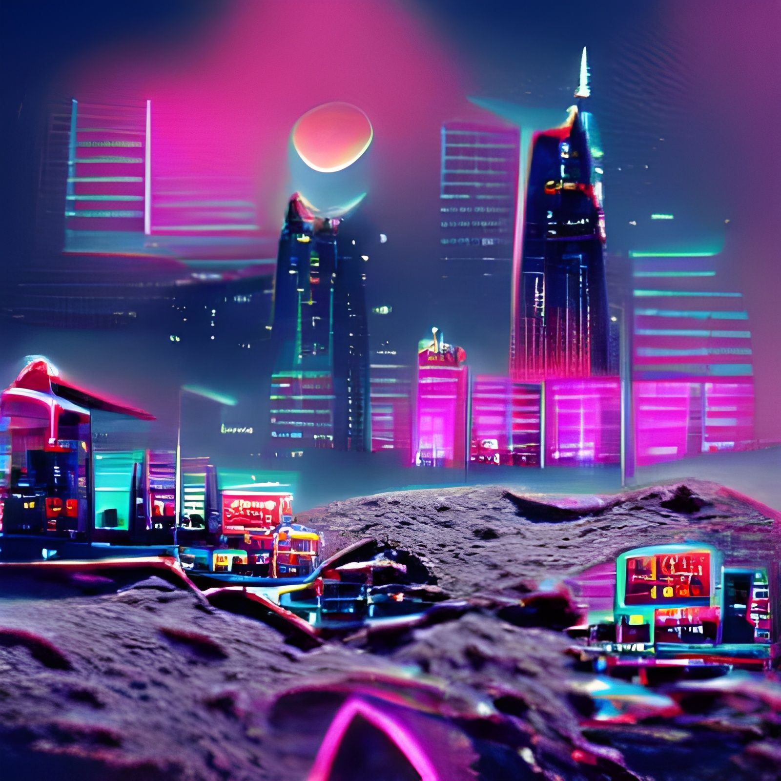 Synthwave Cityscape on the Moon in Neon Retro Style