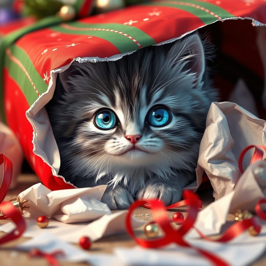 Realistic Christmas Kitten Peeks from Gift Wrap