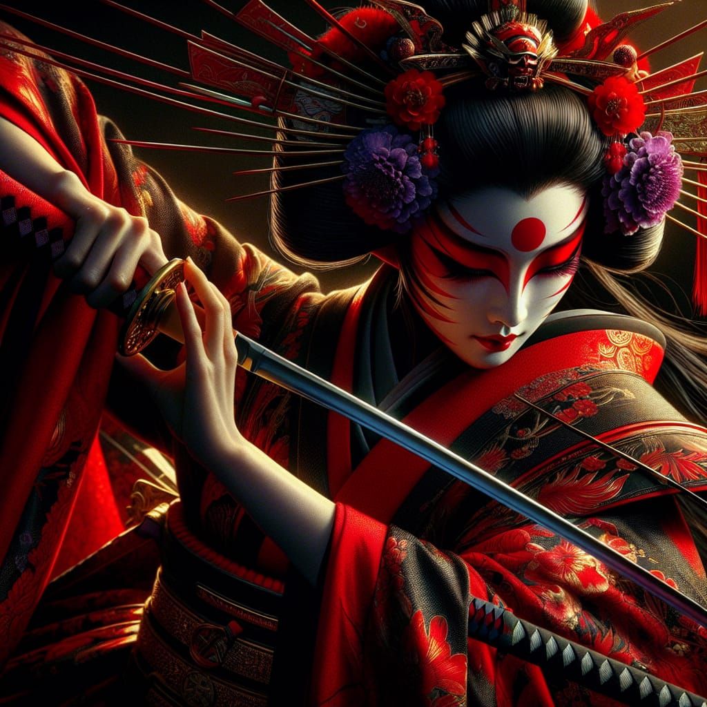 Dramatic Kabuki Actress Swordplay in Dark Fantasy Style