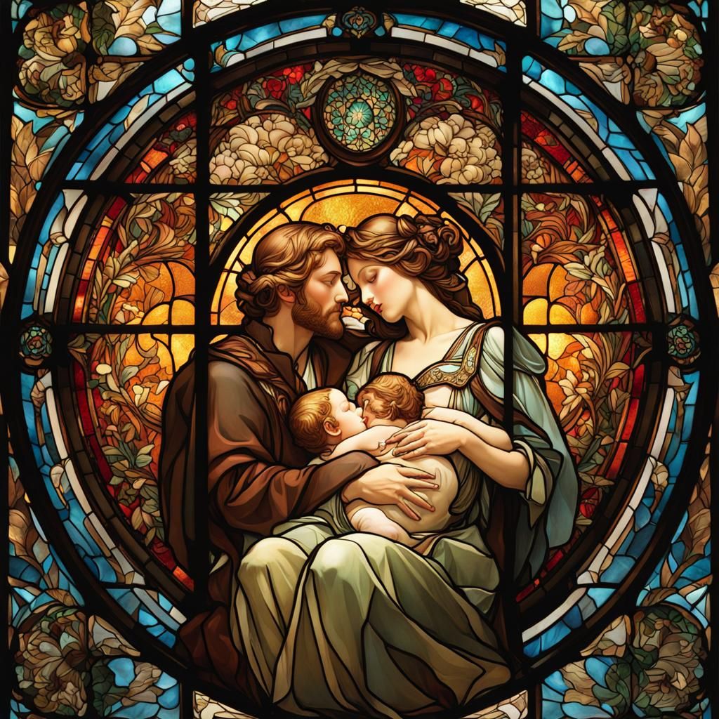 Stained Glass Window: Lovers in Art Nouveau Style