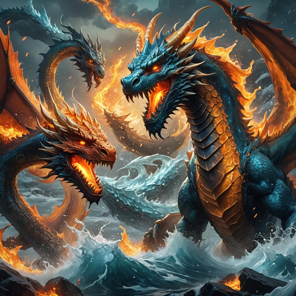 Fiery Dragon and Ice Serpent Battle in Fantasy Art