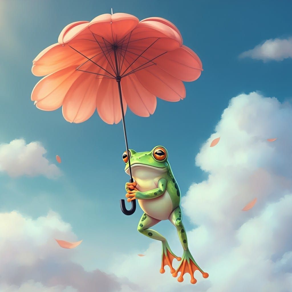 Cute Anime Frog Flying with Flower Umbrella