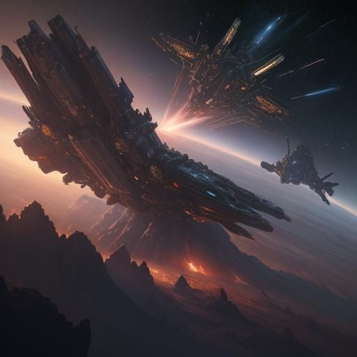 Science Fiction Spacecraft Battle in Oil Painting Style