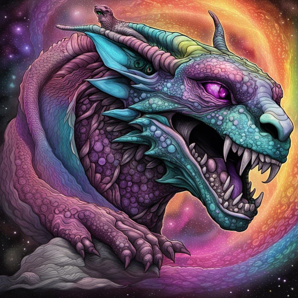 Cosmic Sphinx and Dragon in Fluorescent Origami Style