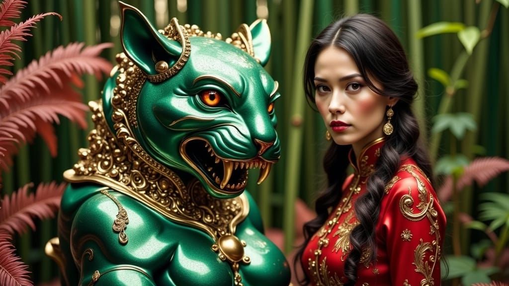 French Woman in Cheongsam Beside Emerald Tiger Sculpture