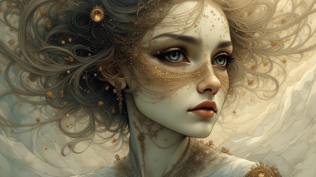 Ethereal Portrait Behind Shimmering Veil in Concept Art Styl...