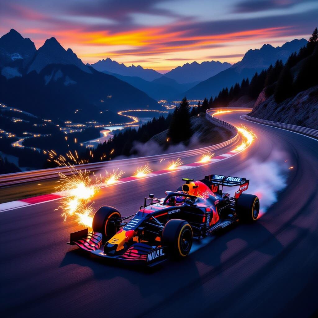 Formula 1 Car Drifting on Mountain Road at Twilight