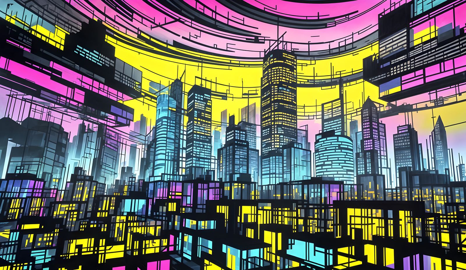 Kaleidoscopic Futuristic Cityscape in Abstract Expressionism...