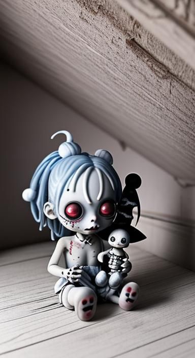 Porcelain shy little creepy dead voodoo doll cracked broken in dark attic. Cartoon chibi cute