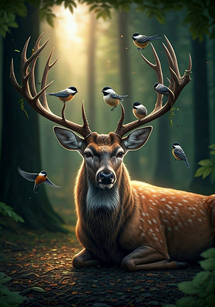 Deer with Birds in Forest Sunlight