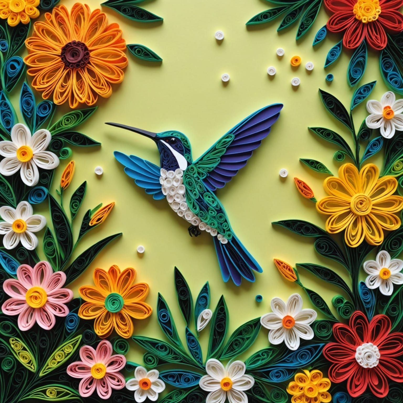 Hummingbird Pollinating Flower in Quilling Collage Art