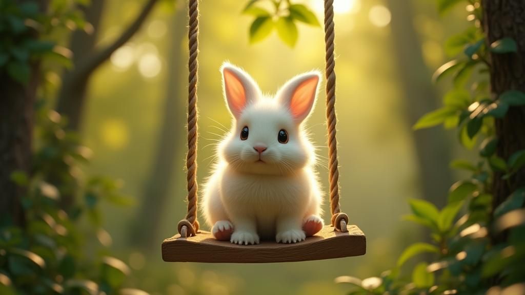 Rabbit on a Swing in Golden Forest Light