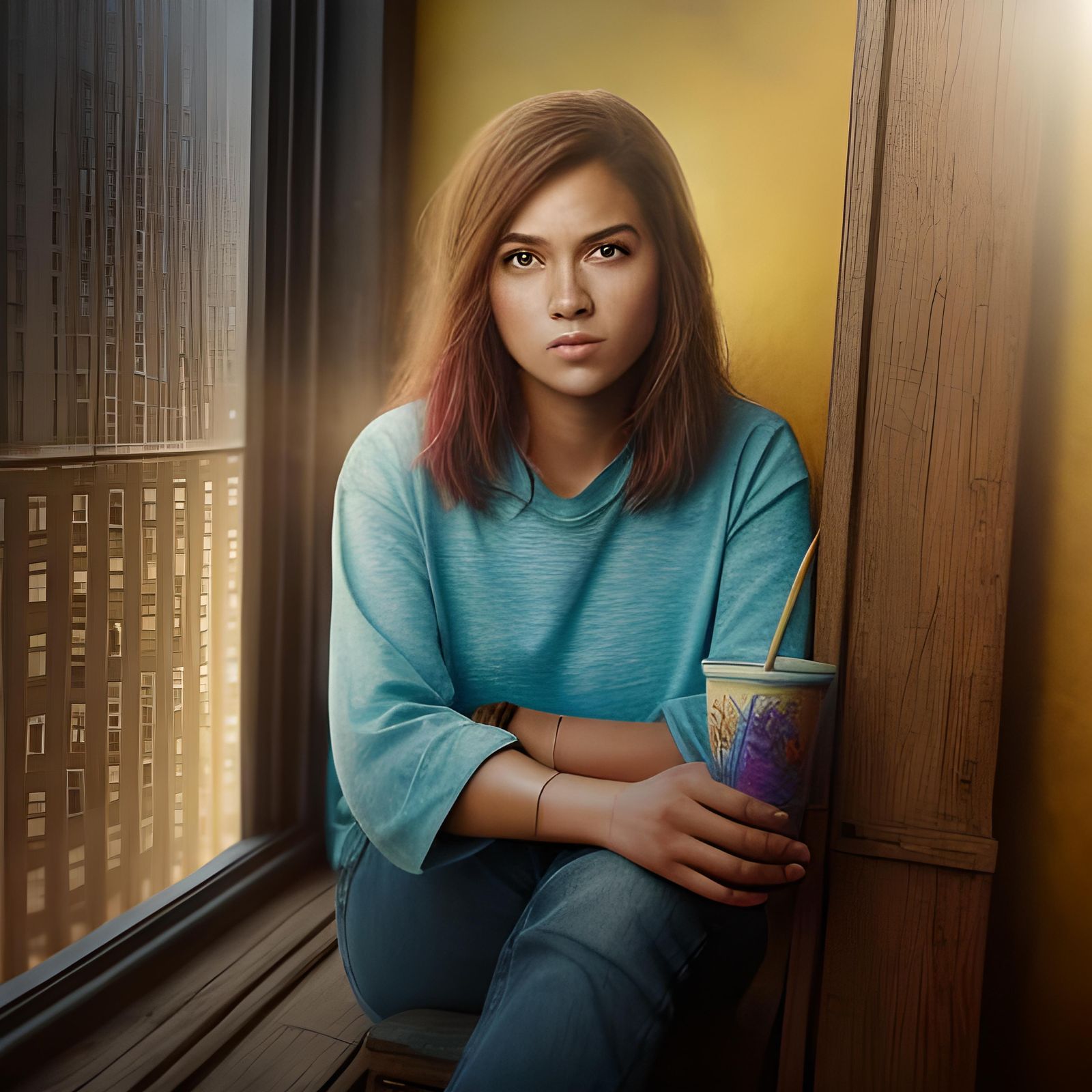 Skeptical Woman in Hyperrealistic Splash Art Style