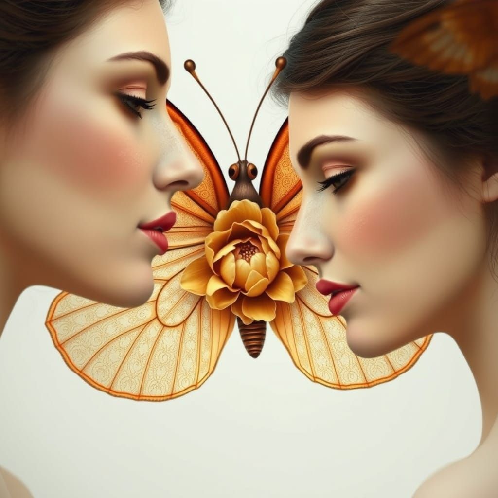 Two Women Become One with a Butterfly in a Dreamlike Scene