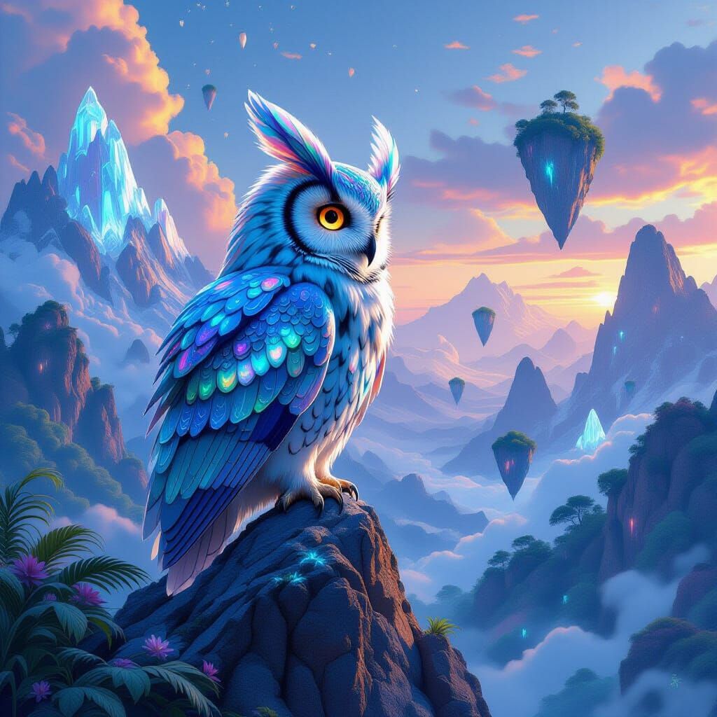 Giant Bioluminescent Owl on Crystal Peak Over Alien Jungle