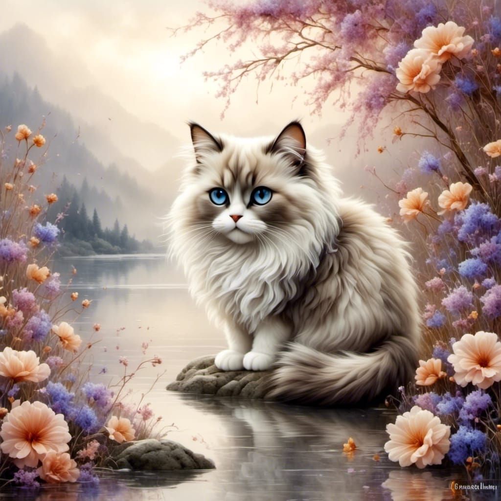 Ragdoll Cat in Zen Garden with Soft Colors