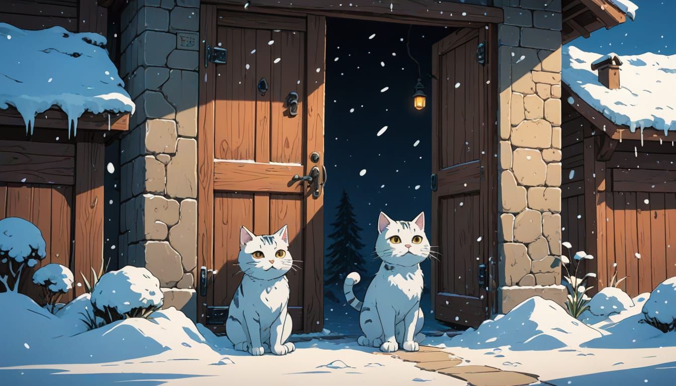 Ghibli-Style Cartoon Cat in Snowy Scene
