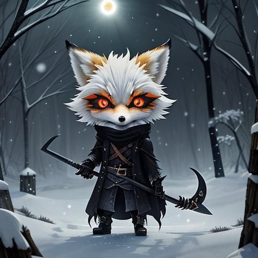 Undead Chibi Fox with Scythe in Winter Scene