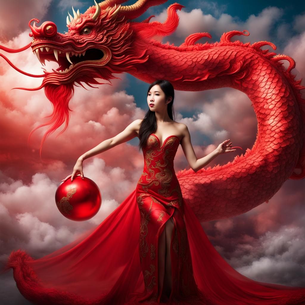 Asian Siren with Dragon in Dreamlike Red Landscape