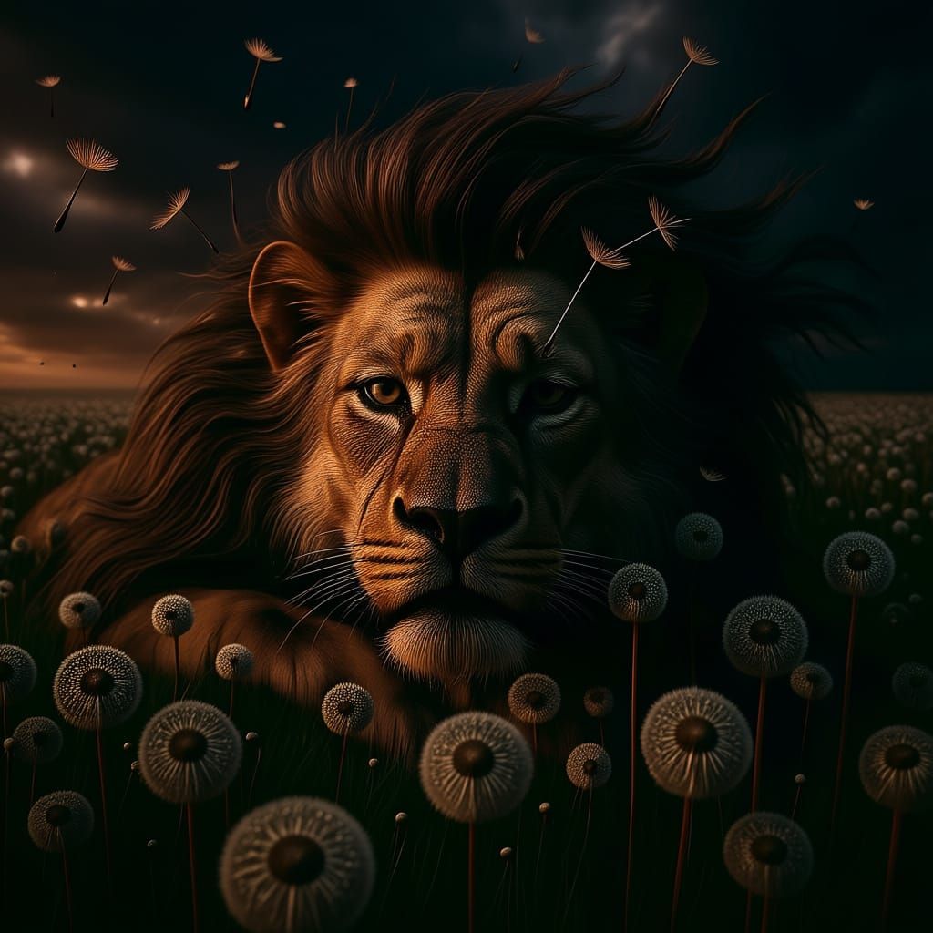 Ultra detailed ultra realistic UHD ultra high definition 32k resolution featuring male lion head laying down in a fi...