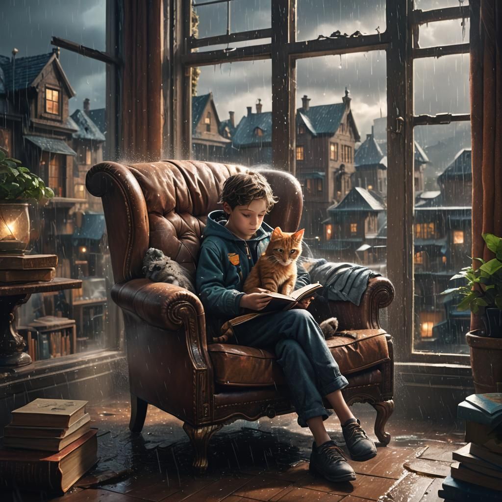 Cozy Reading Scene on a Rainy Day