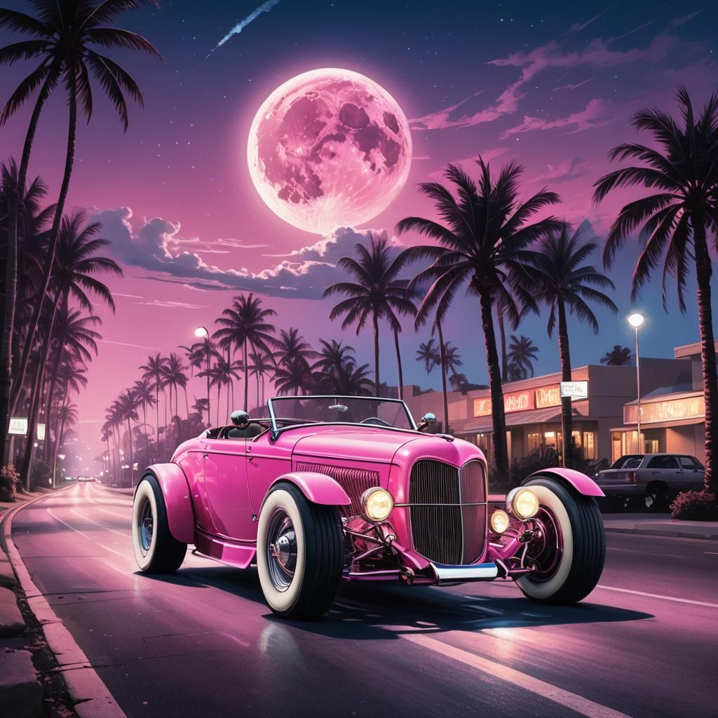 Vintage Roadster Cruises Under Moonlight in Hyperrealism