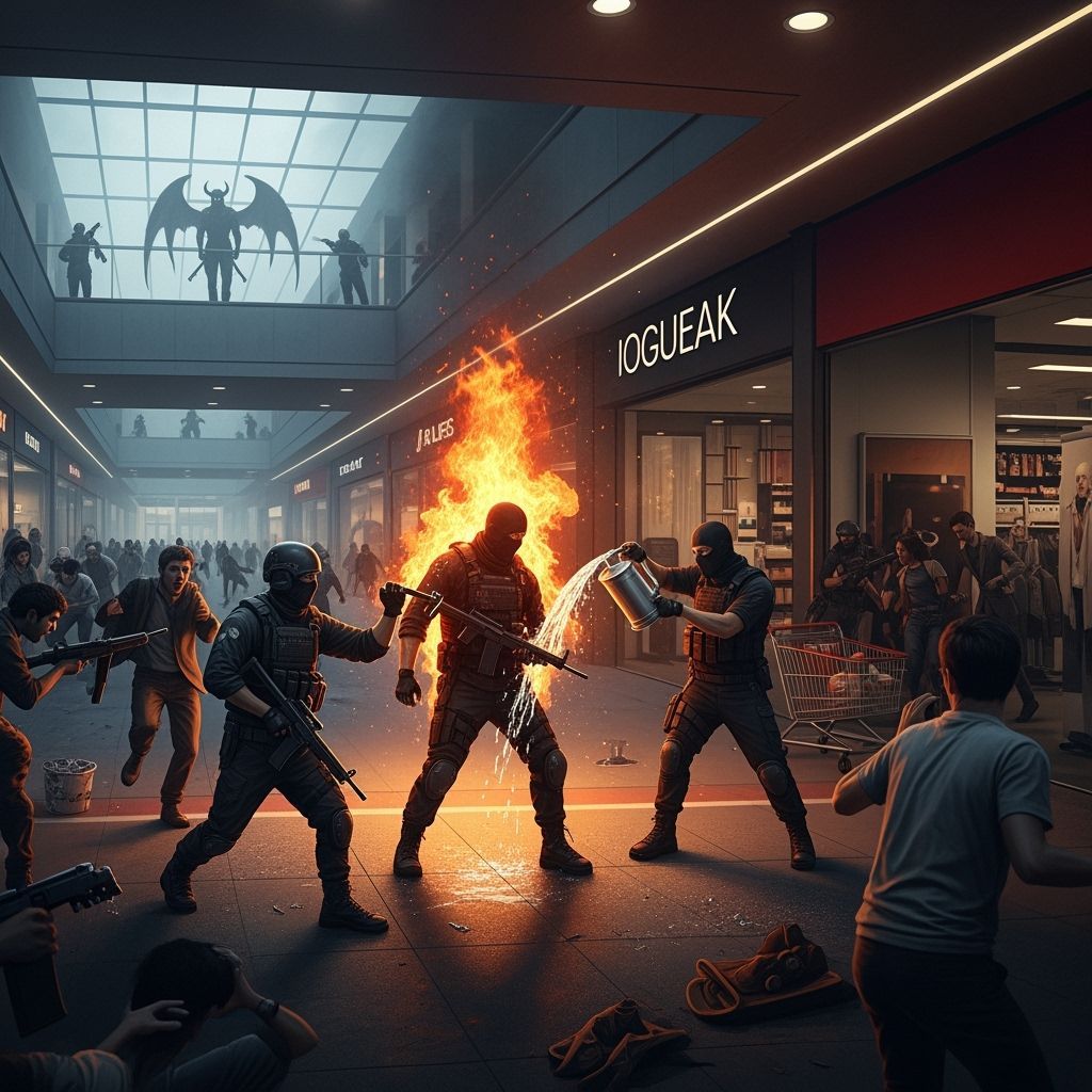 Shopping Center Raid: Cinematic Dystopian Scene