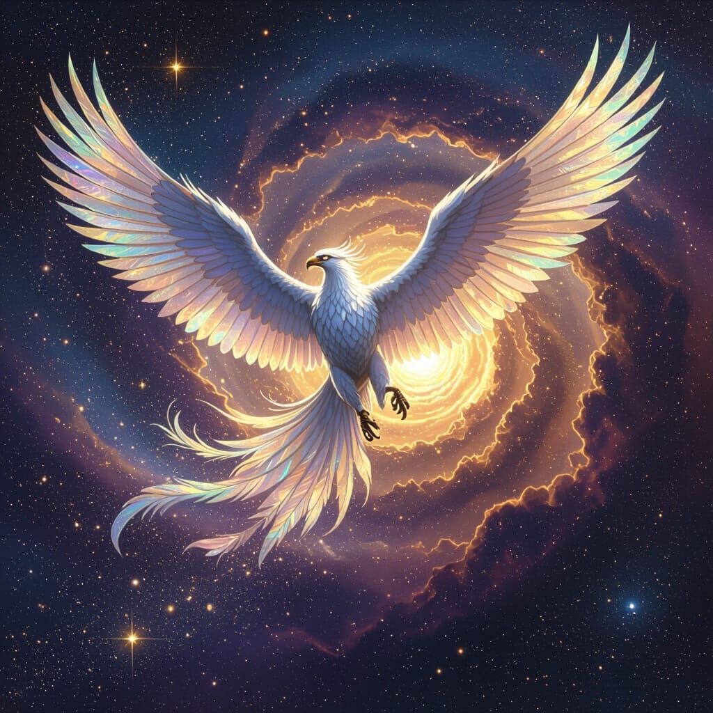 Iridescent Griffin Soaring Through Nebula in Airbrush Style