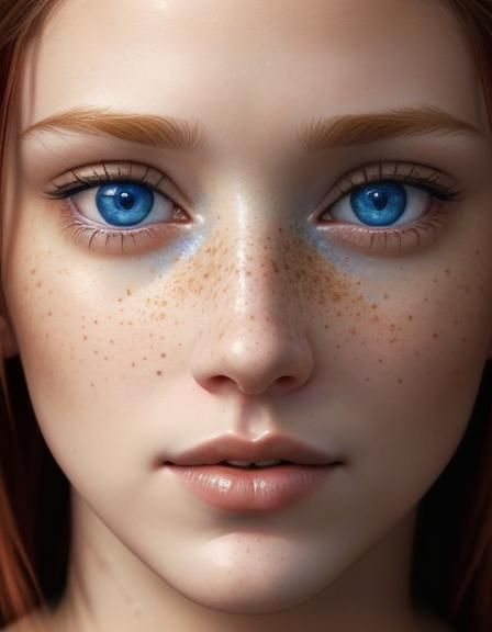 Hyperrealistic Portrait of a Freckled Woman with Blue Eyes