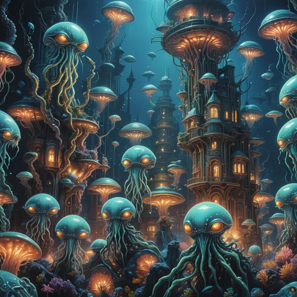 Bioluminescent Aliens in an Underwater City