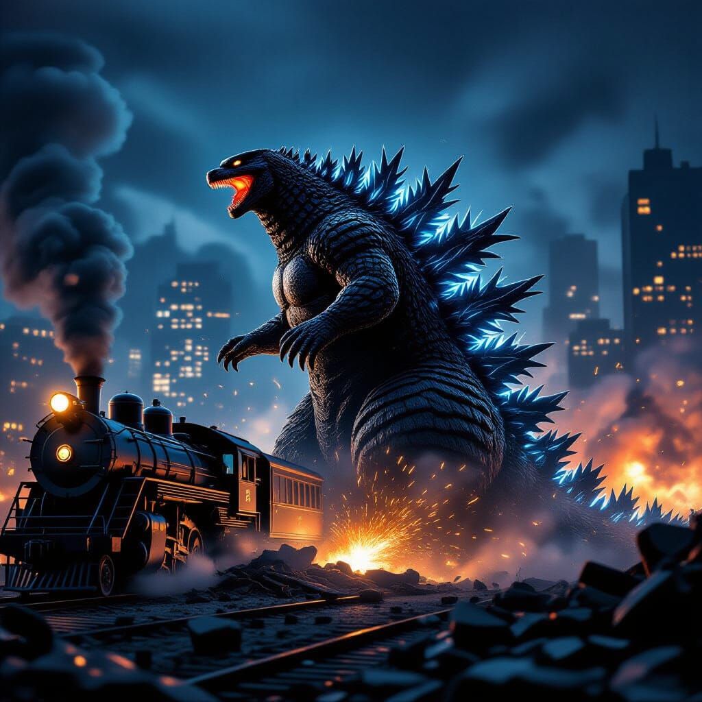 Godzilla Crushes Train in Destroyed City