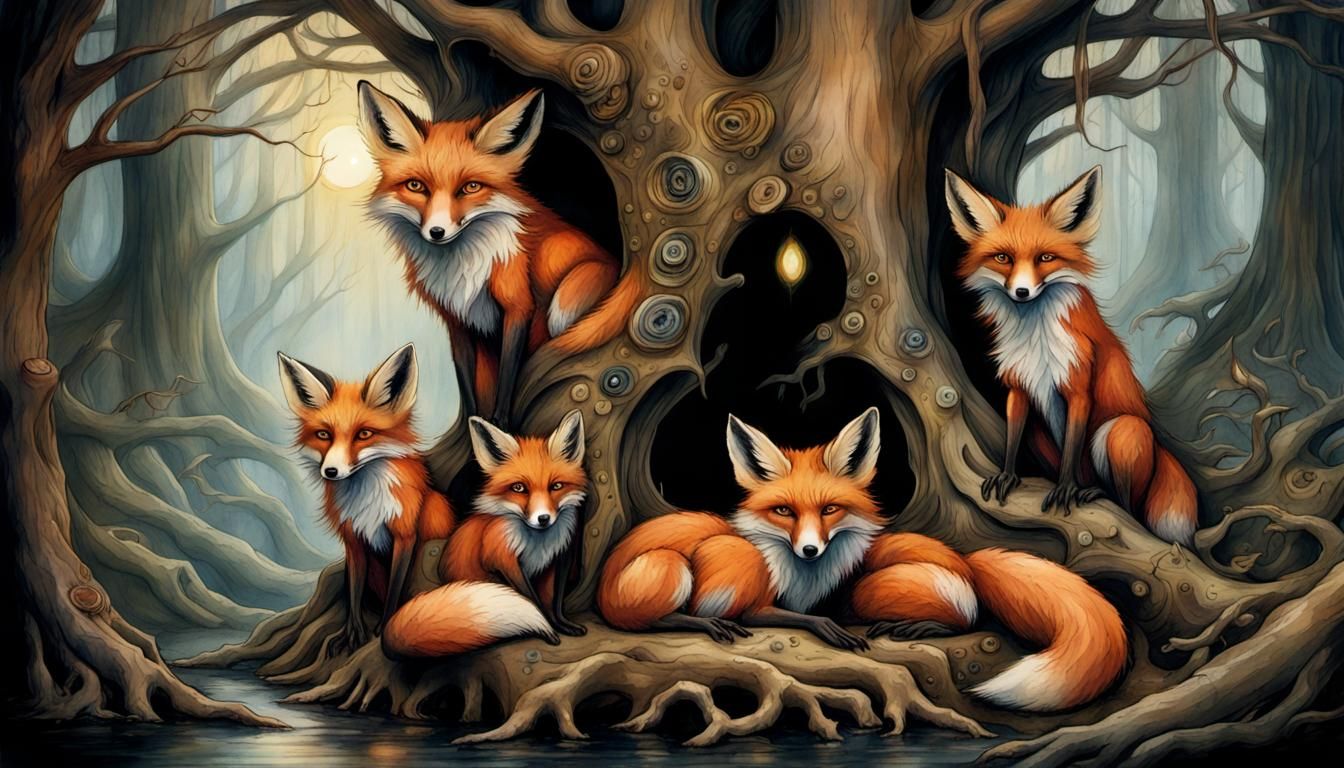Fox's family den inside a tree trunk.