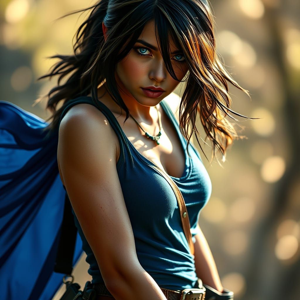 Gothic Lara Croft with Piercing Blue Fire Eyes