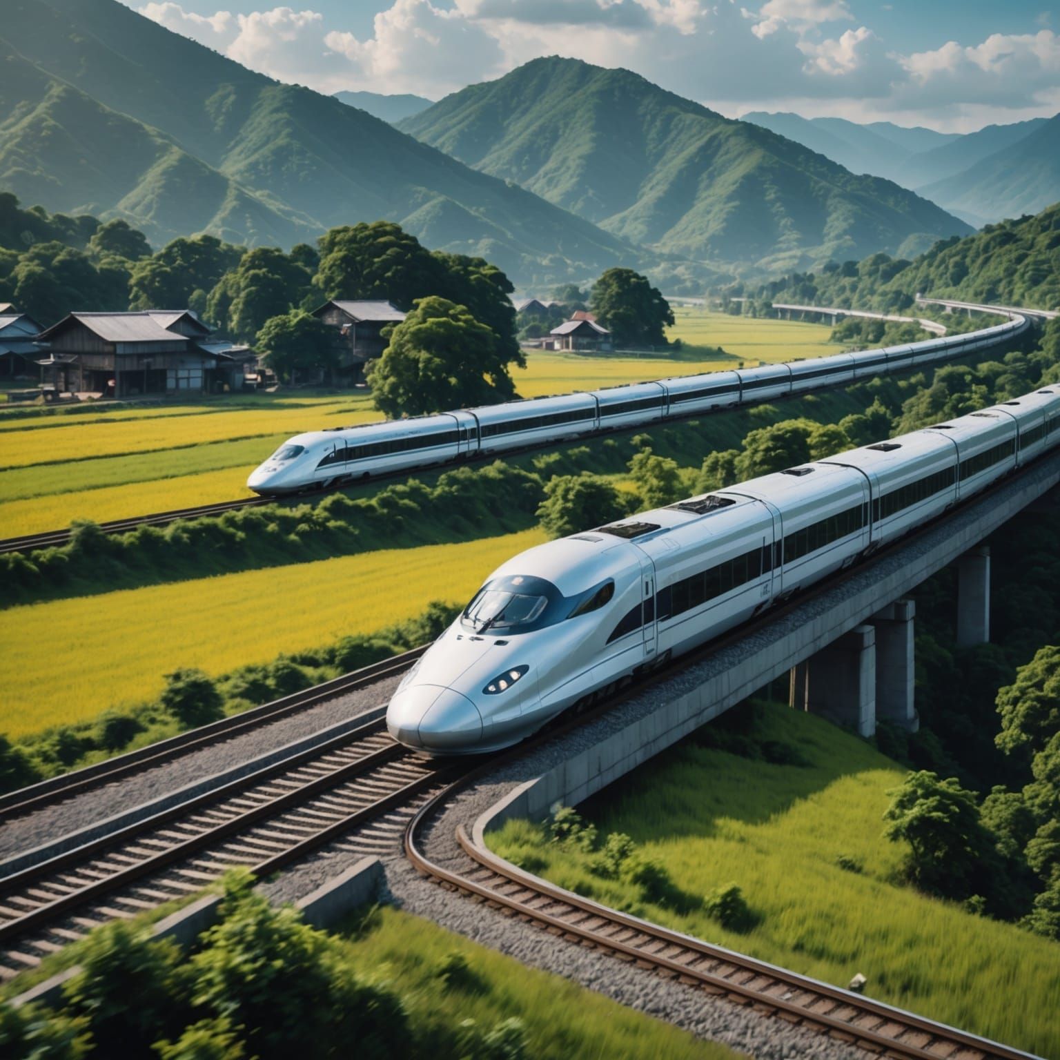 Asian Bullet Train Through Countryside: Digital Matte Painti...
