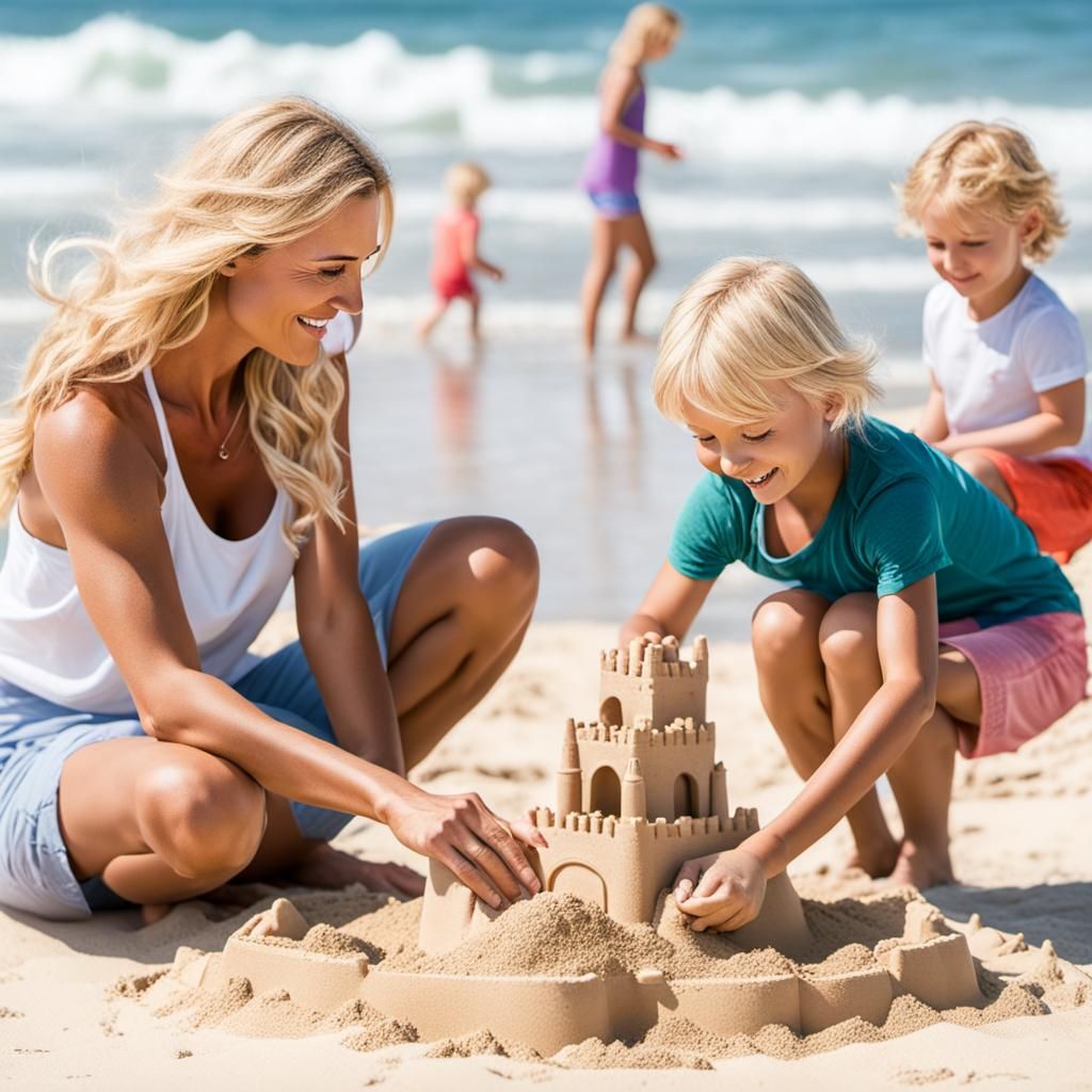 A blonde hair Momon the beach with her kids building a sandc...