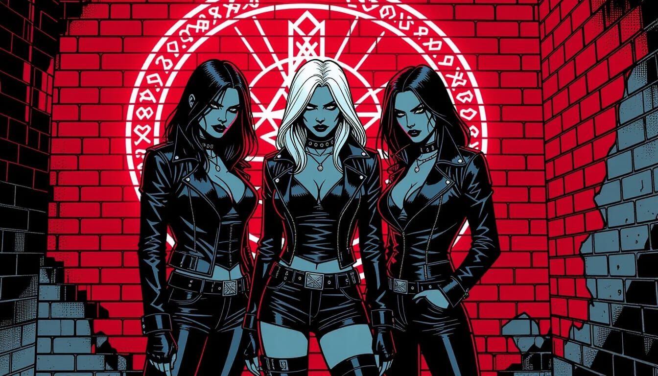 Gothic-Punk Women in Urban Alley, Graphic Novel Style