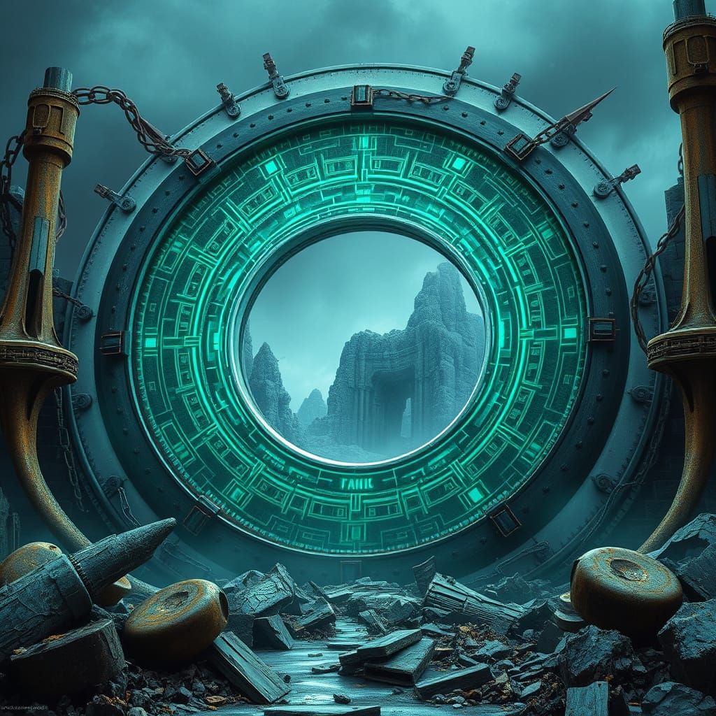 Infinity Gate Rises from Ruins in Cyberpunk Landscape