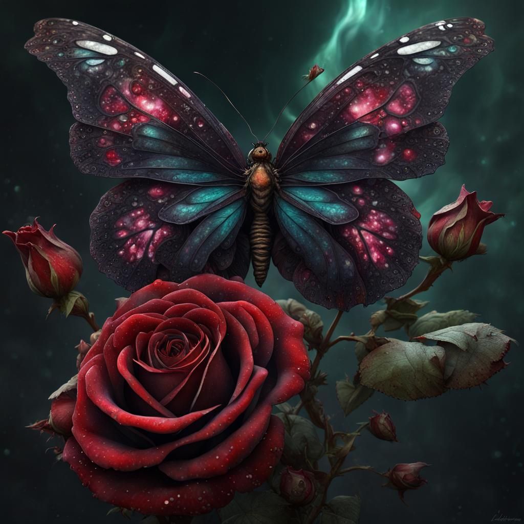 Zombie Butterfly on Dark Red Rose: Digital Art