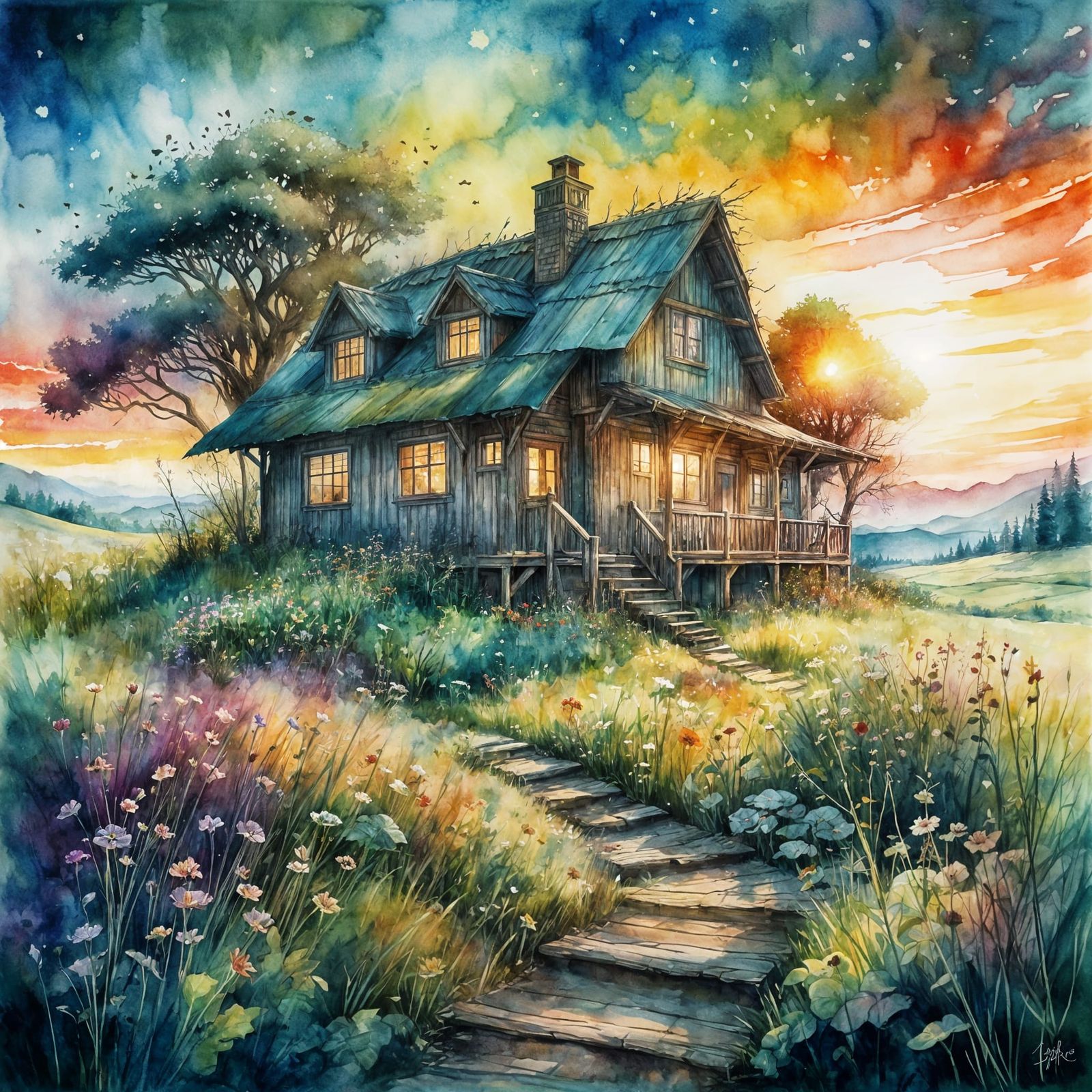 Watercolor Meadow Cottage at Sunset
